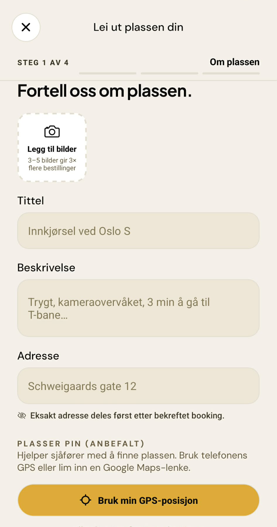 Pendli-app – STEG 1 av 4: Fortell oss om plassen